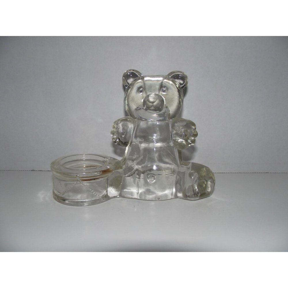 Vtg. Clear Glass Bear W/Drum Tealight Candle Holder